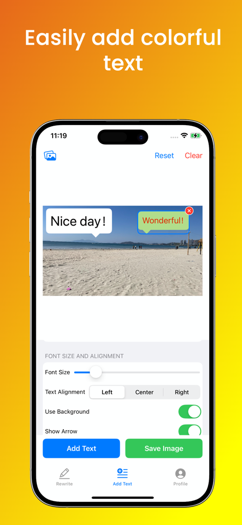 Interface of the Photo Editor app showing colorful text bubbles added to a beach photo with font settings