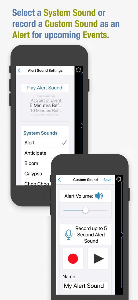 Clocke - Captura de tela do aplicativo Clocke mostrando configurações de som de alerta e uma interface de gravação de voz personalizada para cuidados de memória de idosos