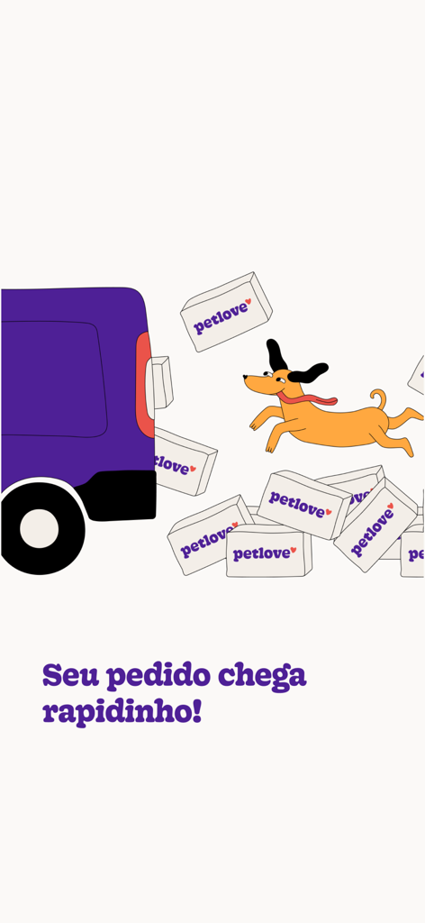 Petlove: petshop e saúde pet - Cartoon-Illustration eines lila Lieferwagens und eines glücklichen Hundes, umgeben von Petlove-Paketen mit Text, der eine schnelle Lieferung bewirbt.
