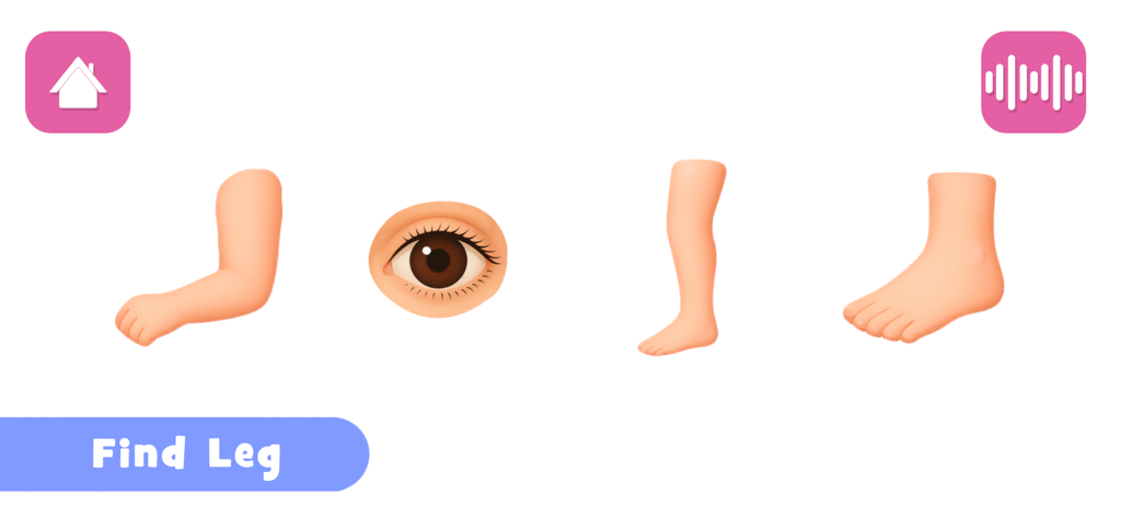 Autism Learning Games For Kids - An educational game screen for kids showing body parts with a prompt to find the leg.
