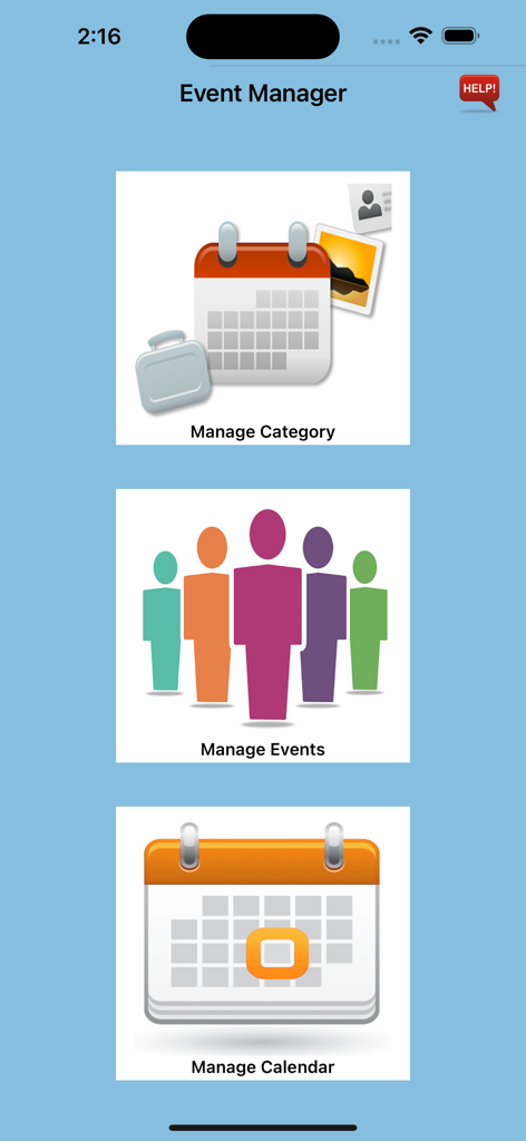 Event Manager - イベントマネージャーアプリのメインメニュー。管理カテゴリ、イベント管理、カレンダー管理の3つの主要セクションが表示されています。