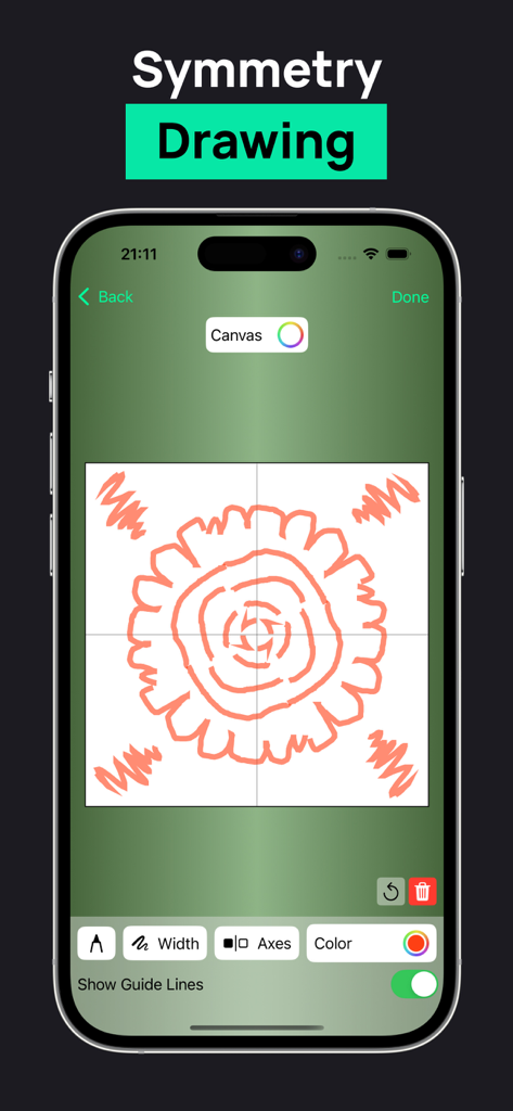 Symmetry Drawing App - iPhone screen showing the symmetry drawing app interface with a four way mirrored orange floral design on a canvas