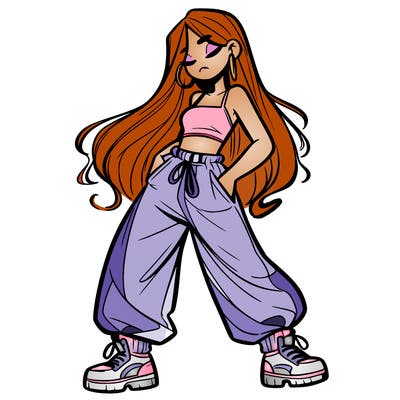 girl in baggy pants crop top and long hair
