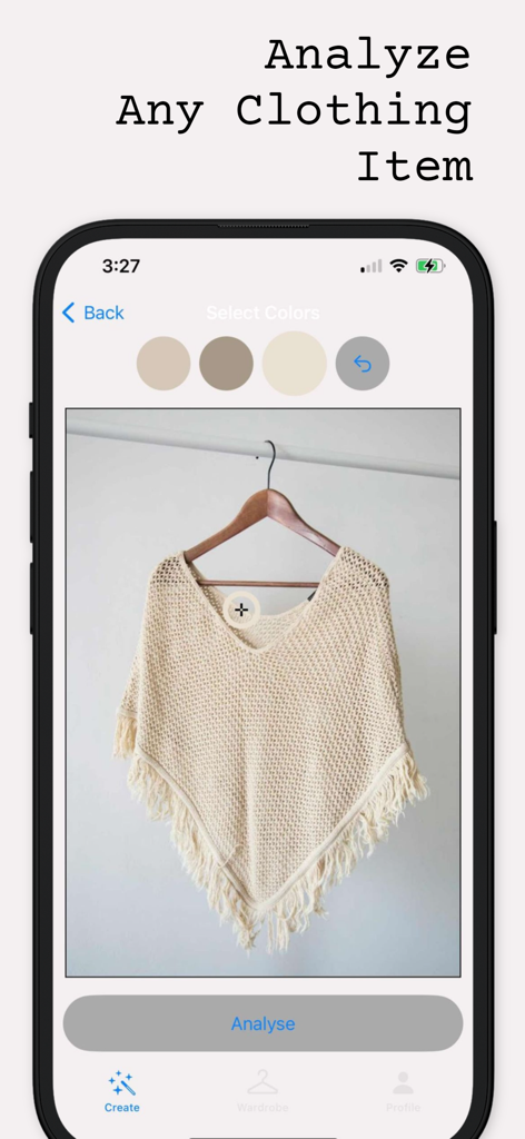 Hue IQ | Color Analysis - Hue IQアプリのインターフェースに、クリーム色の衣類アイテムのカラー分析が表示されている