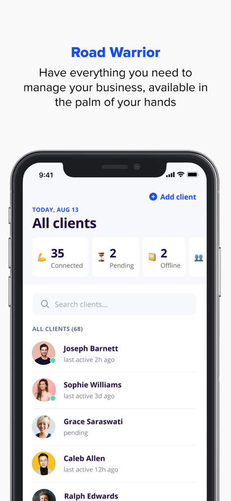 Everfit for Coach - Everfit for Coach mobile app dashboard showing a list of fitness clients