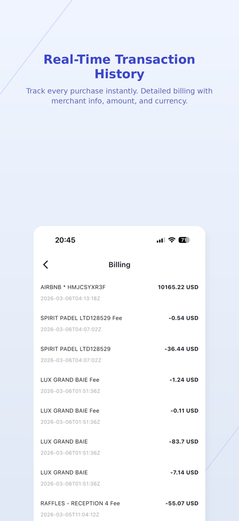 BitFree - BitFreeアプリの画面。リアルタイムの取引履歴と詳細な請求情報が表示されています。