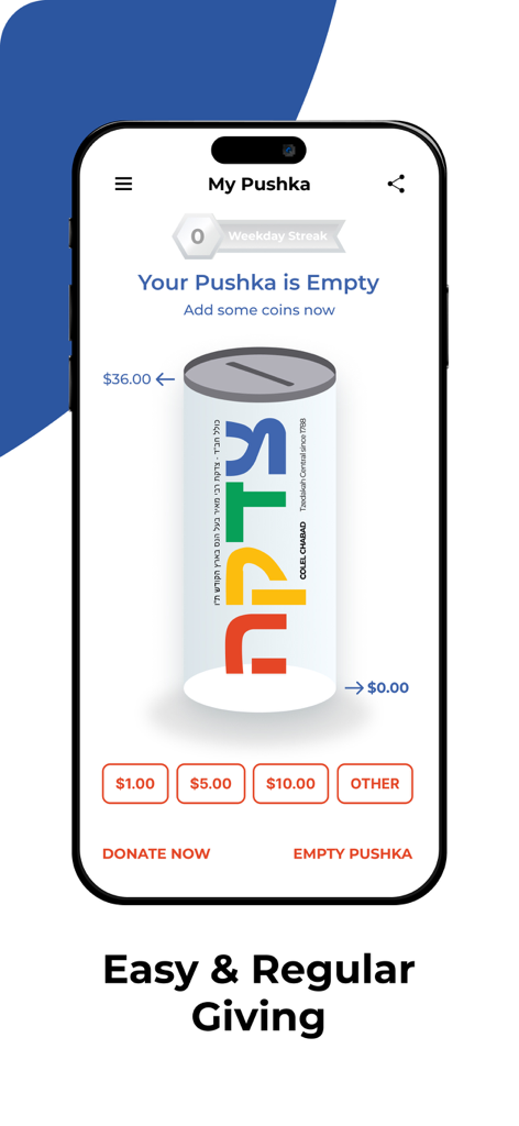 Tzedakah Pushka - Charity Box - Interface do aplicativo móvel Tzedakah Pushka mostrando uma caixa de caridade digital e predefinições de doação