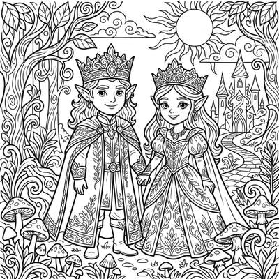 Journey to a fantastical land with this charming Elven Royalty coloring page, perfect for young artists. Featuring a noble prince and princess amidst an enchanted forest, it promises hours of creative fun.