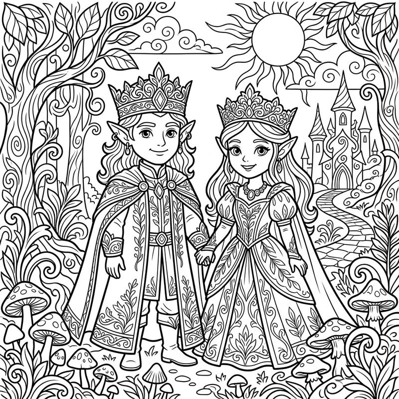 Journey to a fantastical land with this charming Elven Royalty coloring page, perfect for young artists. Featuring a noble prince and princess amidst an enchanted forest, it promises hours of creative fun.