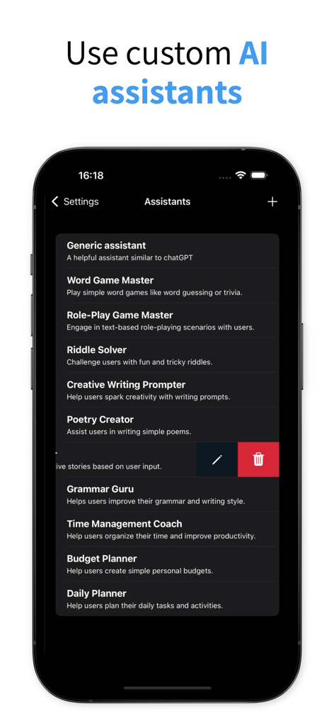 Enclave - Local AI Assistant - A list of specialized AI assistants in the Enclave app interface including options for writing productivity and planning