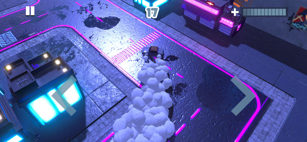 Vista dall'alto di un'auto che derapa su una strada urbana al neon lasciando una scia di fumo