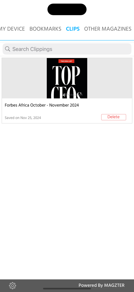 Sección de clips de la aplicación Forbes Africa que muestra un artículo guardado sobre la lista de los principales CEOs de 2024.