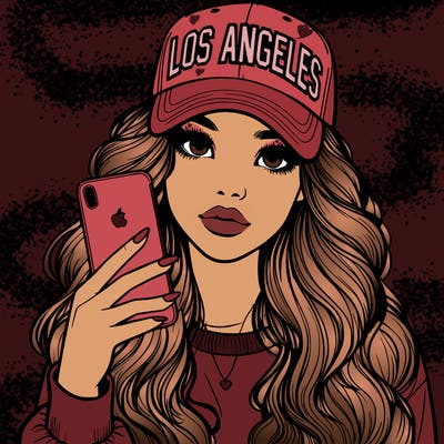 realistic beautiful girl wearing los ángeles cap holding an iphone