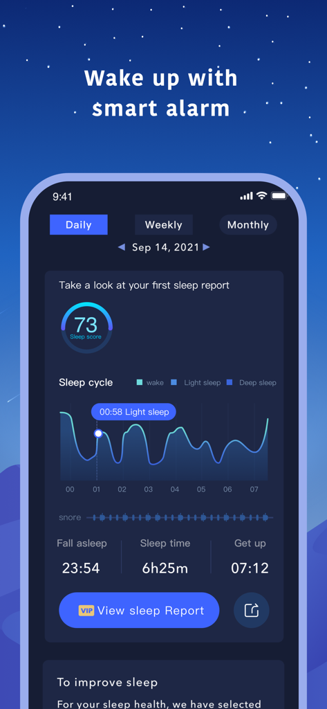 Ein mobiler App-Screenshot, der einen täglichen Schlafbericht mit einer Schlaf-Bewertung von 73 und einer detaillierten Grafik der Schlafzyklen anzeigt.