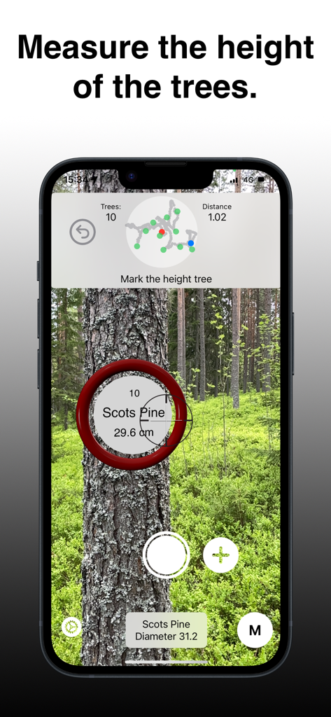 Arboreal Forest app interface showing augmented reality measurement of a Scots Pine tree diameter and height in a forest