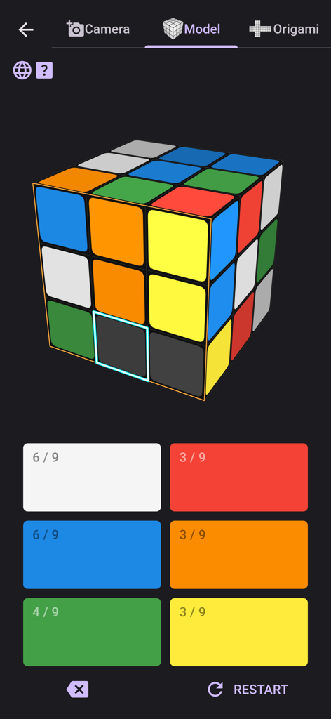 ASolver>I'll solve your puzzle - Pantalla de entrada manual de colores para un cubo de Rubik 3D en la aplicación ASolver.