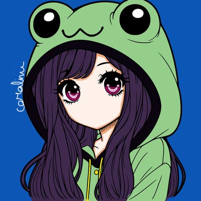 a pretty girl wearing a frog hoodie portrait with long hair