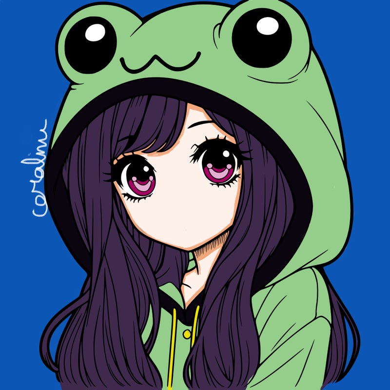 a pretty girl wearing a frog hoodie portrait with long hair
