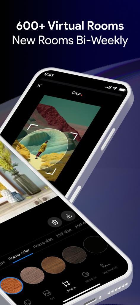 ArtStage: Preview your Artwork - Mobile app screens showing artwork cropping and frame customization options for virtual room mockups