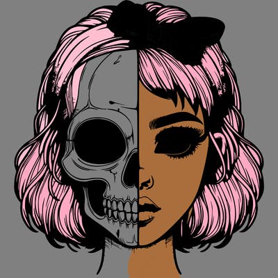 realistic girl with half skull mask