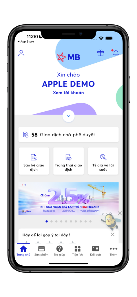 Schermata principale dell'app BIZ MBBANK su iPhone che mostra transazioni in sospeso e opzioni di banking aziendale