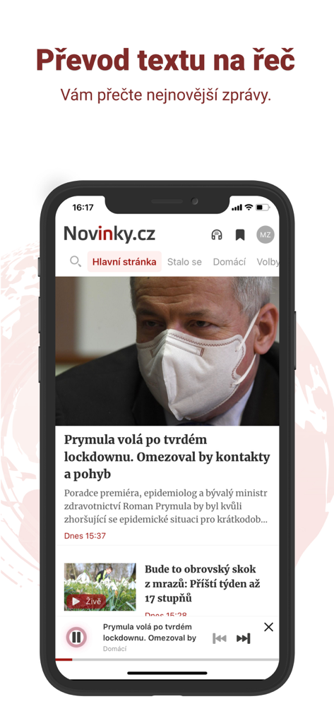 Um celular exibindo o aplicativo Novinky.cz com seu recurso de texto para voz ativo em um artigo de notícias