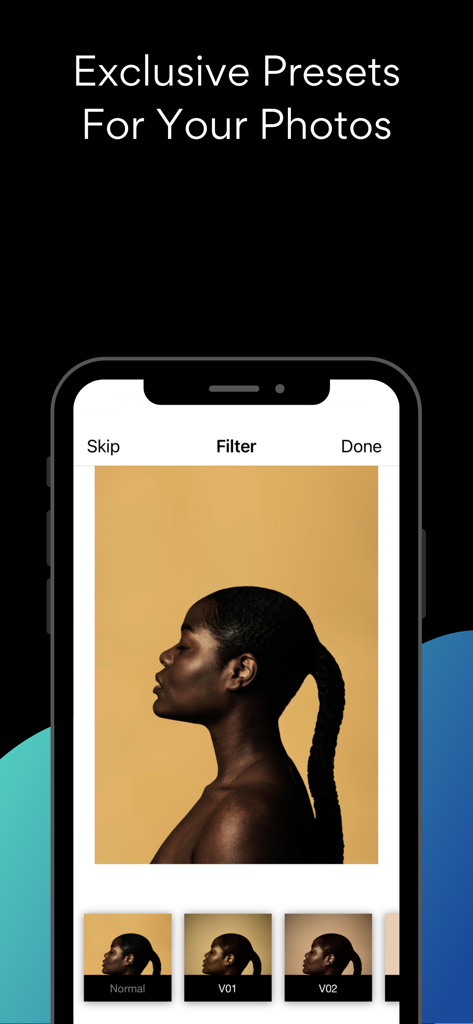 Smartphone-Bildschirm, der den Fotoeditor der VIEWBUG-App mit exklusiven Presets und einem Porträtfoto zeigt