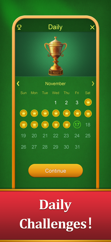 Classic Solitaire for Seniors - Screenshot of the Daily Challenges screen in Classic Solitaire for Seniors showing a calendar with earned trophies and a golden cup reward.