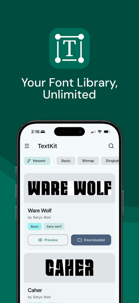 TextKit: Fonts & Status Editor - Interfaz de la aplicación móvil TextKit mostrando una biblioteca de fuentes elegantes como Ware Wolf y Caher