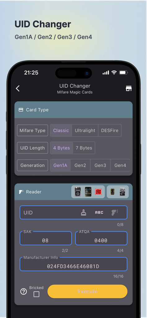UID Changer interface for Mifare Magic Cards in the MTools BLE RFID Reader app