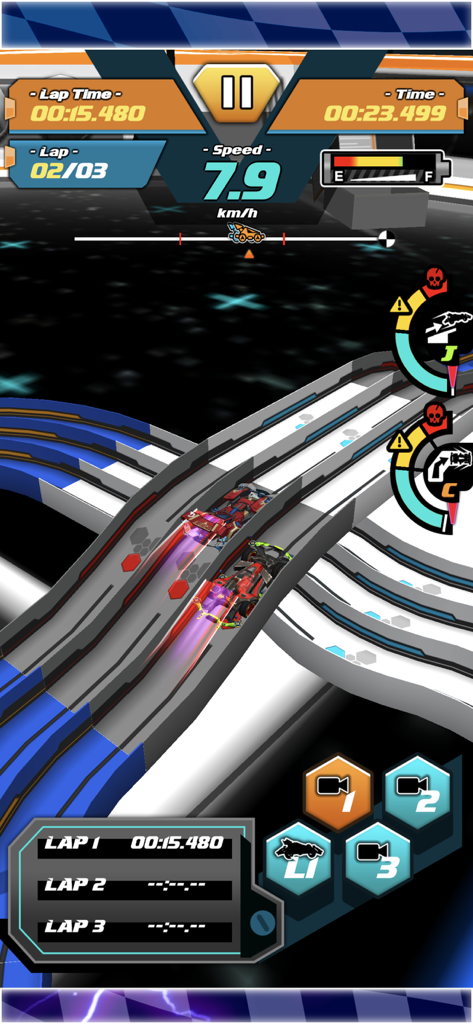 In-game racing action showing two mini 4WD cars on a complex track with HUD performance stats