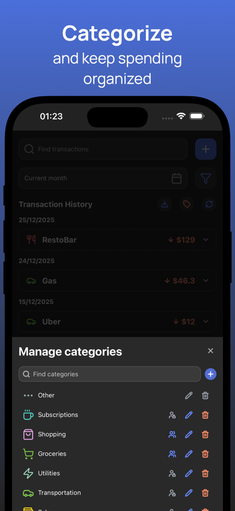 Interface do aplicativo Budget Sync mostrando a tela de gerenciamento de categorias com vários ícones de gastos, como supermercado e serviços públicos