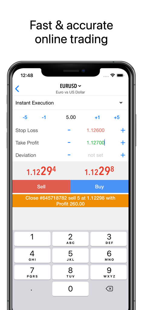 MetaTrader 5 - MetaTrader 5 mobile app interface for instant forex trade execution on an iPhone.