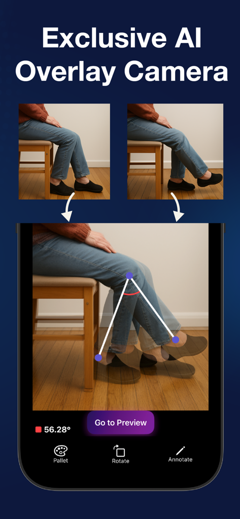 Angulus Pro - Precision Angle - Tela do aplicativo móvel mostrando uma sobreposição de câmera com IA medindo um ângulo de articulação do joelho de 56,28 graus para avaliação de amplitude de movimento.