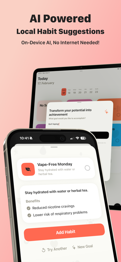 Happits: Local AI Habits - Smartphone and tablet screens showing Happits app with AI-powered habit suggestions for quitting vaping using on-device local AI.