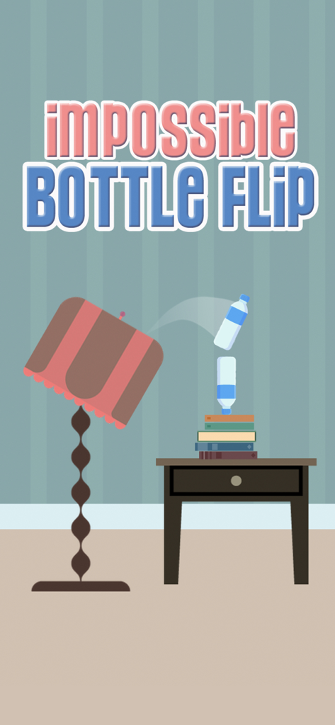 A water bottle flipping from a lamp onto a stack of books on a nightstand in the Impossible Bottle Flip mobile game