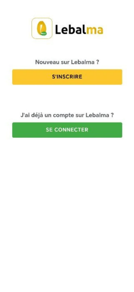 Lebalma - Pantalla de inicio de sesión y registro de la aplicación móvil Lebalma con botones amarillos de registro y verdes de inicio de sesión.
