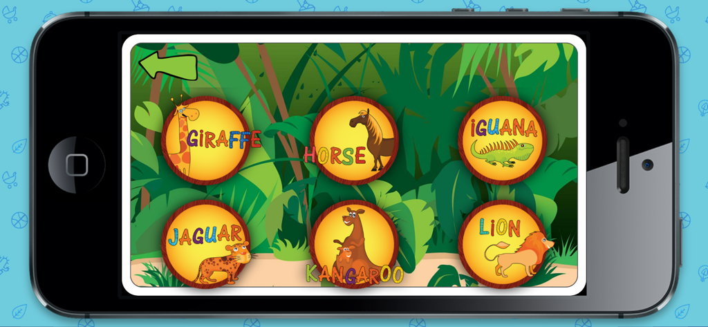 Little Bee ABC Fun - Educational interface from Little Bee ABC Fun showing jungle animals like a Giraffe and Lion with colorful letters for spelling.