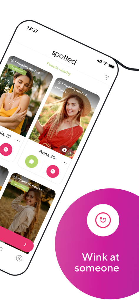 Spotted dating app interface showing local user profiles and a feature to wink at someone.