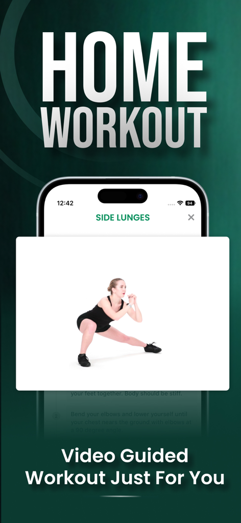 30 Day Butt Challenge Pro - Video guided home workout screen showing side lunges on the 30 Day Butt Challenge Pro app