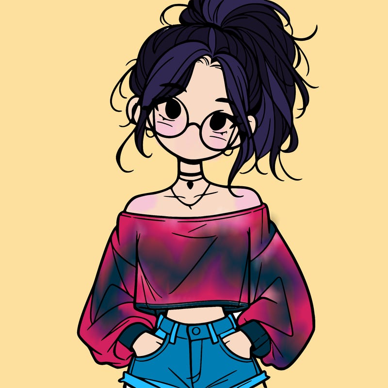 girl with a messy ponytail glasses a baggy crop top and jean shorts