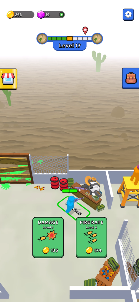 Gameplay screenshot of Z defense showing weapon upgrade options for damage and fire rate in a desert base.