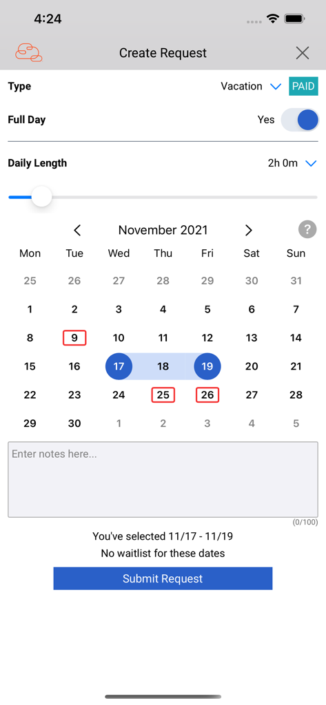 Interface do aplicativo móvel Genesys Tempo para criar uma solicitação de folga remunerada de férias usando uma visualização de calendário.