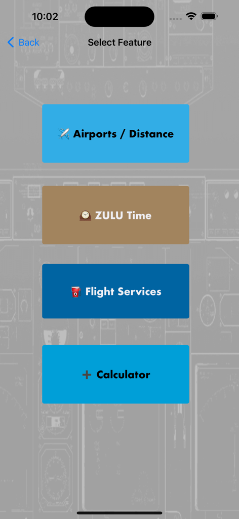 iBOEING B-737 Aircraft Apps - Main feature selection screen of the iBOEING 737 app showing buttons for Airports, Zulu Time, Flight Services and Calculator
