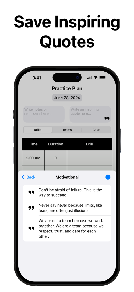 PracticePlanner - Coach Plan - A smartphone interface from PracticePlanner showing a list of motivational quotes for sports coaching and practice plans