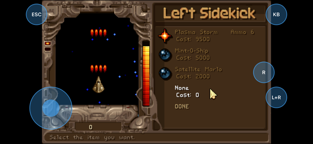 Tyrian 2000 - Tyrian 2000 Mobile Spiel-Schiffs-Upgrade-Menü mit Sidekick-Waffenoptionen und virtuellen Touch-Steuerungen