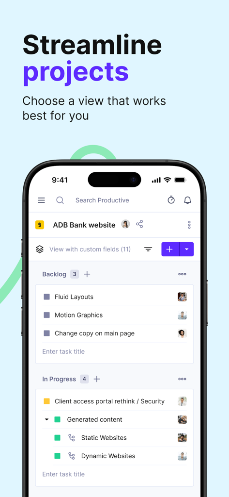 A smartphone displaying the Productive.io app interface for tracking agency projects and tasks
