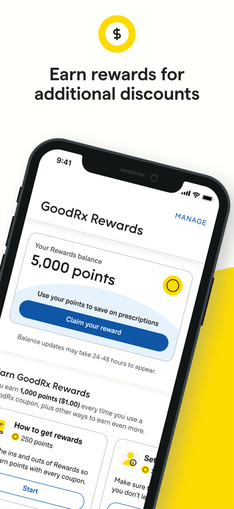 GoodRx mobile app screen showing the rewards program dashboard with 5000 points for prescription discounts