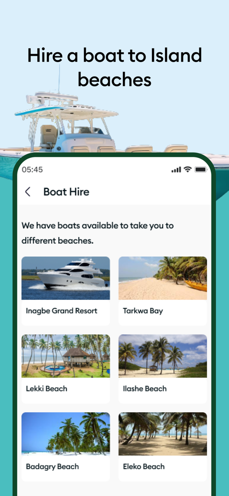 GIG Mobility app screen showing boat hire services for various island beaches in Nigeria