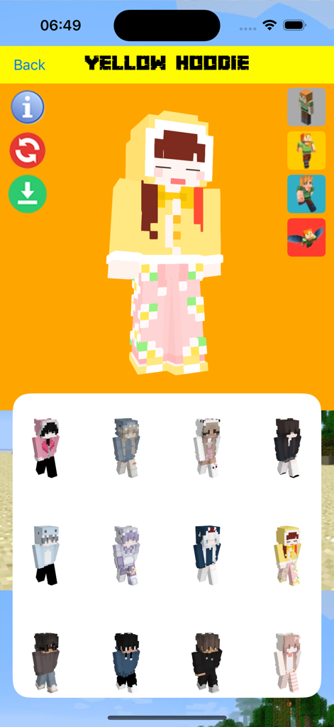 Aesthetic Skins for Minecraft - A 3D preview of a yellow hoodie Minecraft skin with a selection of other aesthetic character skins.